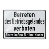 Aluminium-Hinweisschild „Betreten des Betriebsgeländes verboten – Eltern haften für ihre Kinder“